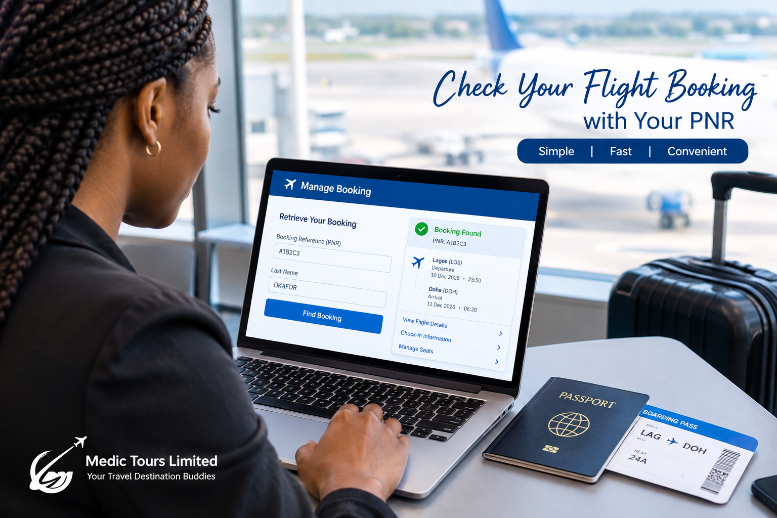 Traveller checking a flight booking reference and airline reservation details before an international trip.