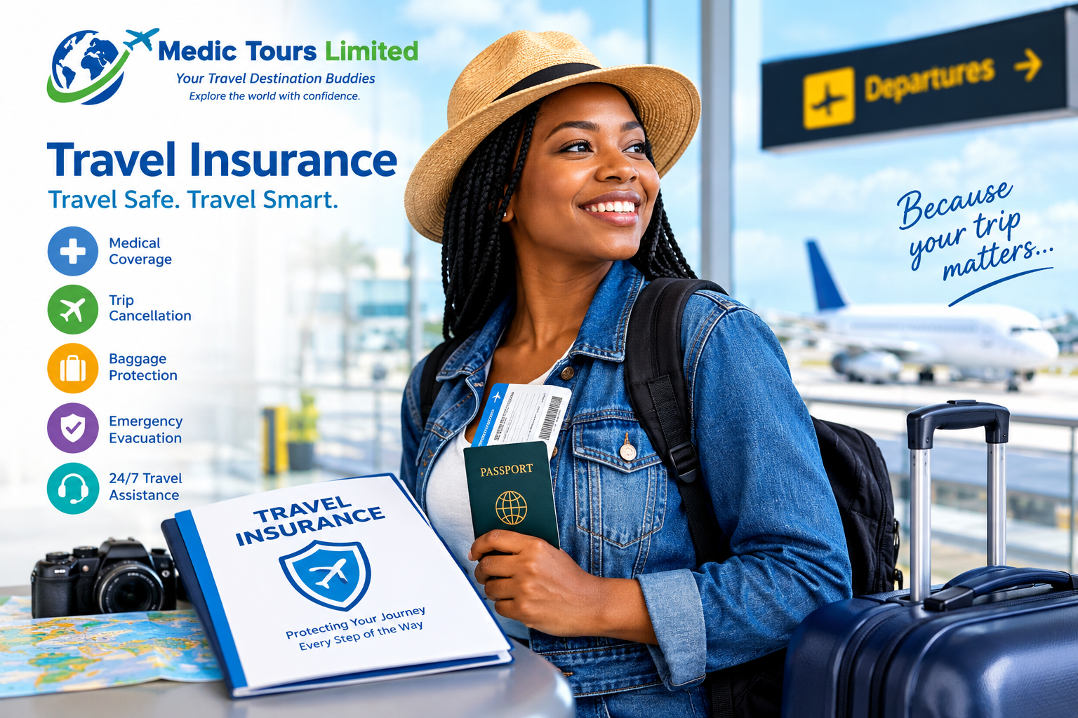 SuggestA professional African traveller at an international airport, holding a passport and boarding documents, with subtle travel-protection elements such as a suitcase, airplane and insurance document in the scene.